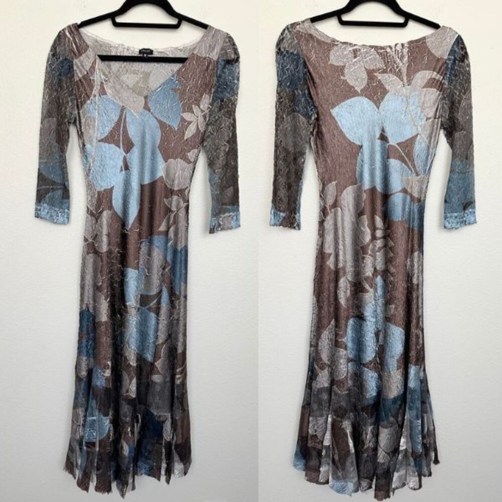 Kamarov Midi Dress Crinkle Vtg Y2k Pleated Lace Metallic Black Blue Women Medium